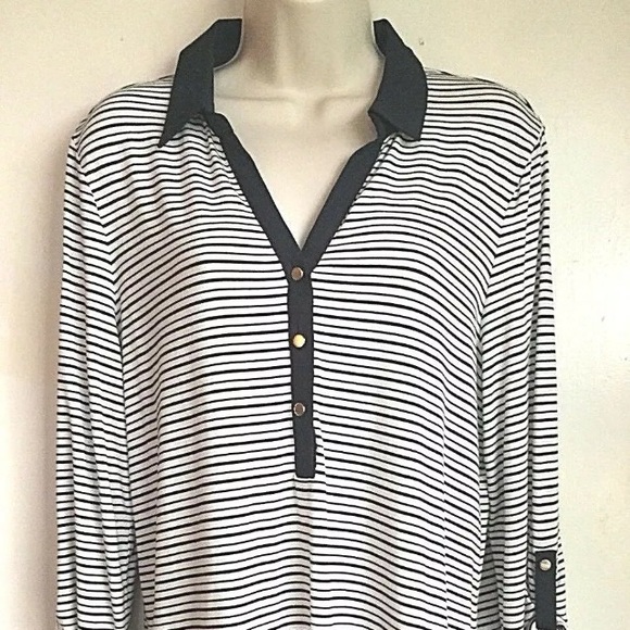 Anne Taylor (Large) Black Stripe Rayon Blend Top - Picture 1 of 6